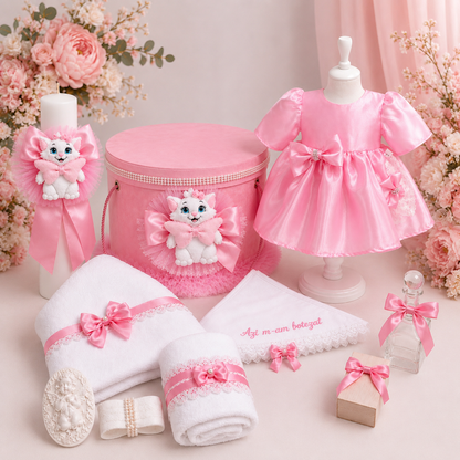 Set botez roz pisica Marie   – Rochiță, lumânare și trusou