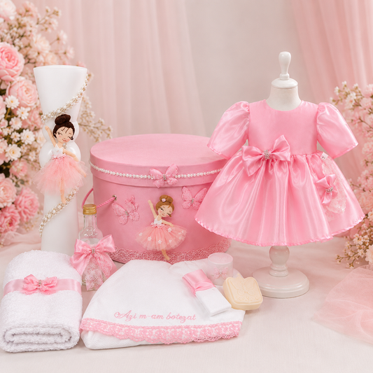 Set botez roz Balerina   – Rochiță, lumânare și trusou