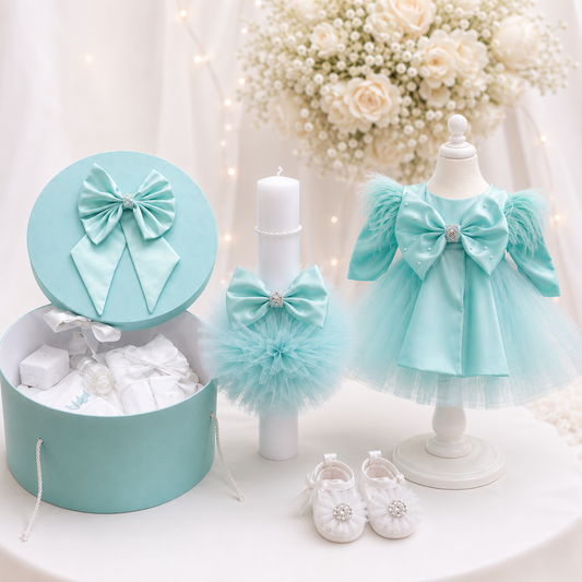 Set botez fetita menta fundita( Trusou+ Cufăr+ Lumânare+ Rochița)