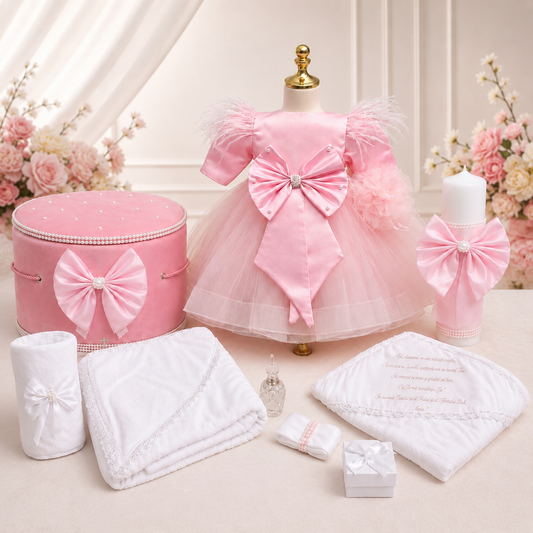 Set botez fetita roz fundita( Trusou+ Cufăr+ Lumânare+ Rochița)