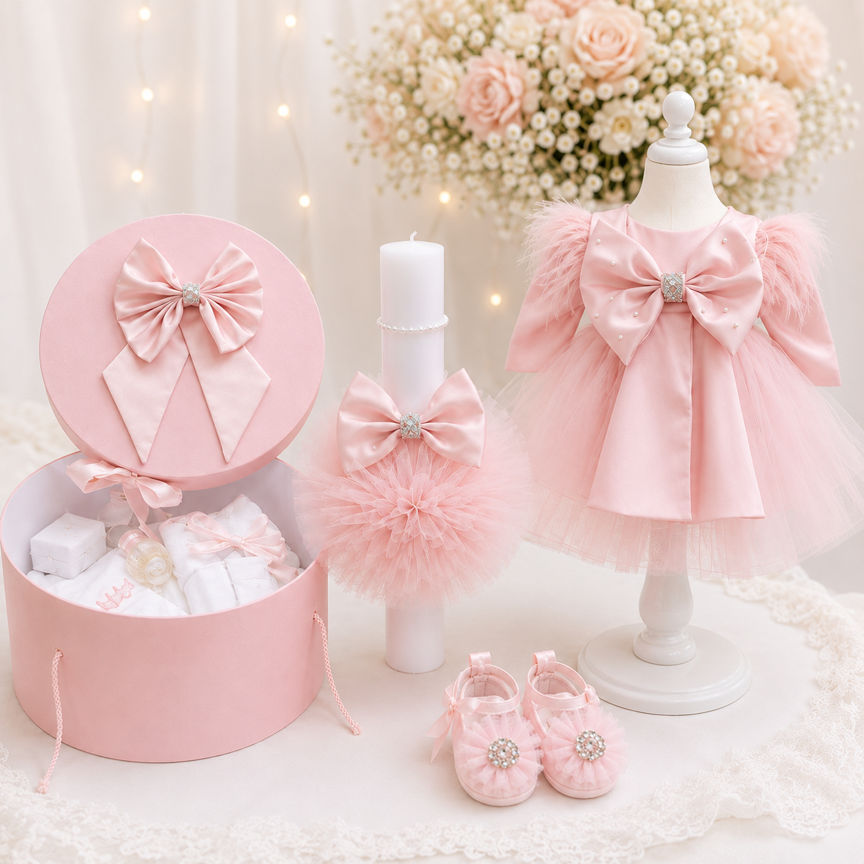 Set botez fetita roz fundita( Trusou+ Cufăr+ Lumânare+ Rochița)