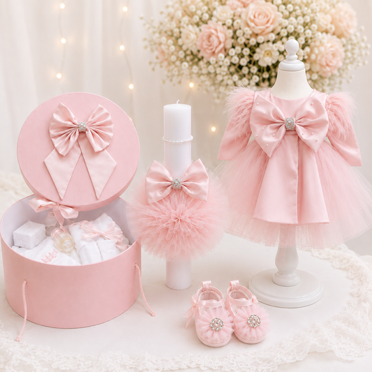 Set botez fetita roz fundita( Trusou+ Cufăr+ Lumânare+ Rochița)