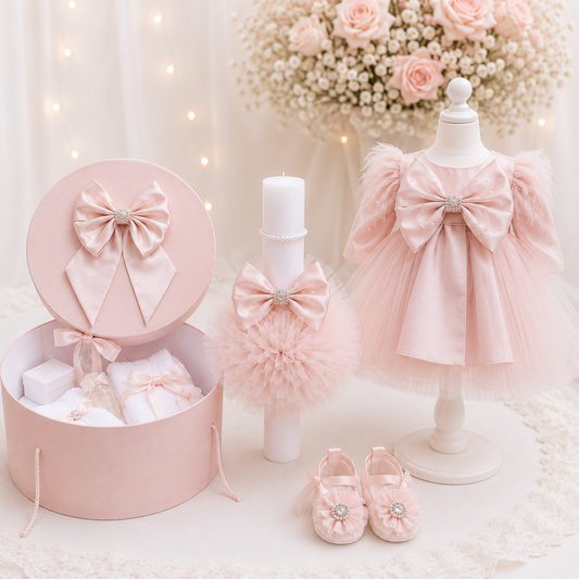 Set botez fetita roz pudra fundita( Trusou+ Cufăr+ Lumânare+ Rochița)
