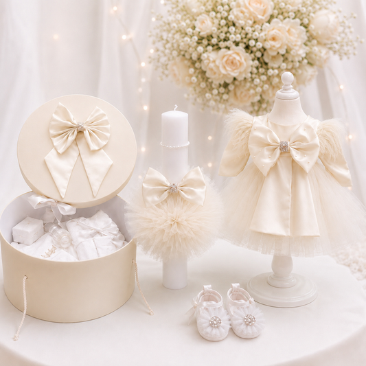 Set botez fetita crem fundita( Trusou+ Cufăr+ Lumânare+ Rochița)