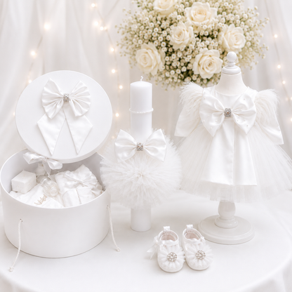 Set botez fetita alb fundita( Trusou+ Cufăr+ Lumânare+ Rochița)