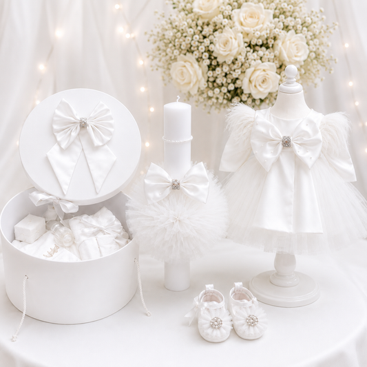 Set botez fetita alb fundita( Trusou+ Cufăr+ Lumânare+ Rochița)