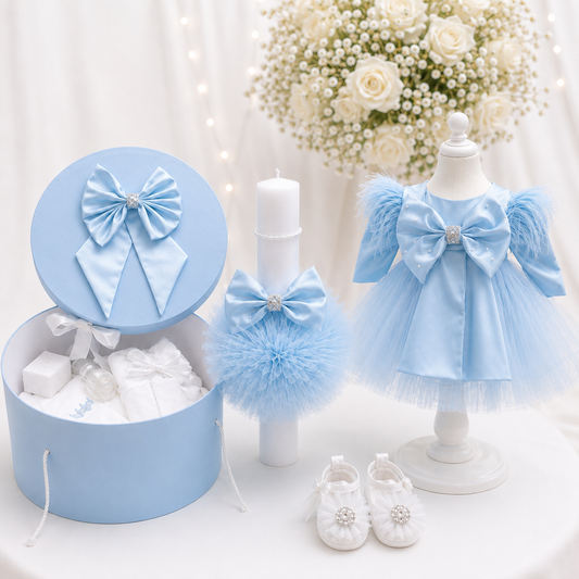 Set botez fetita albastru fundita( Trusou+ Cufăr+ Lumânare+ Rochița)