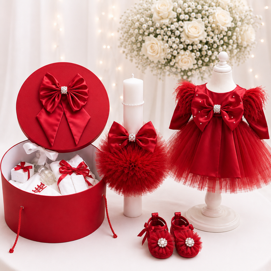 Set botez fetita rosu fundita( Trusou+ Cufăr+ Lumânare+ Rochița)