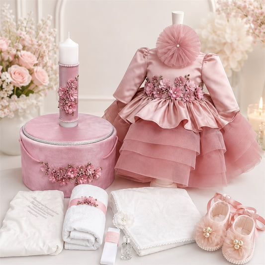 Set botez fetita flori roz pudra ( Trusou+ Cufăr+ Lumânare+ Rochița)