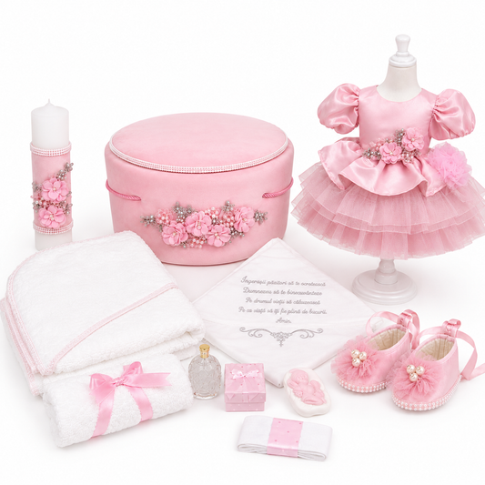 Set botez fetita flori roz ( Trusou+ Cufăr+ Lumânare+ Rochița)