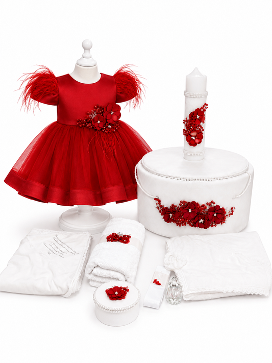 Set botez fetita flori rosii ( Trusou+ Cufăr+ Lumânare+ Rochița)