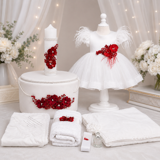 Set botez fetita flori rosii ( Trusou+ Cufăr+ Lumânare+ Rochița)