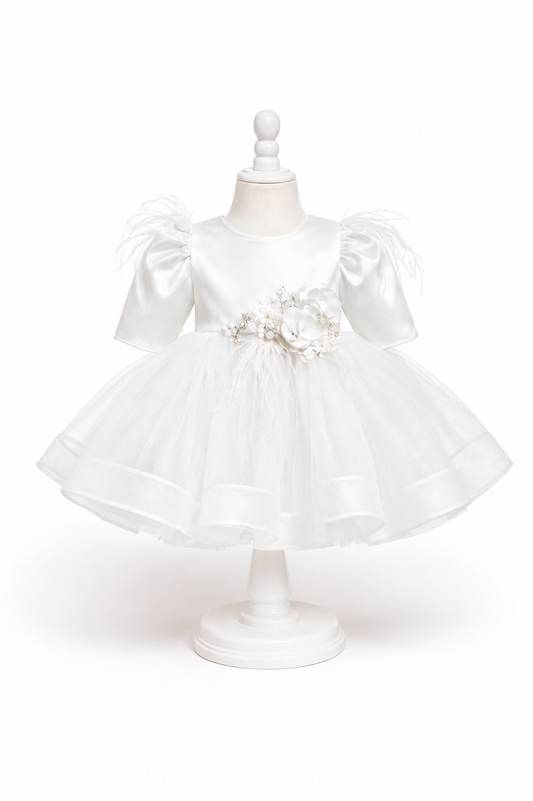 Rochița de botez alba cu floricele din cristal