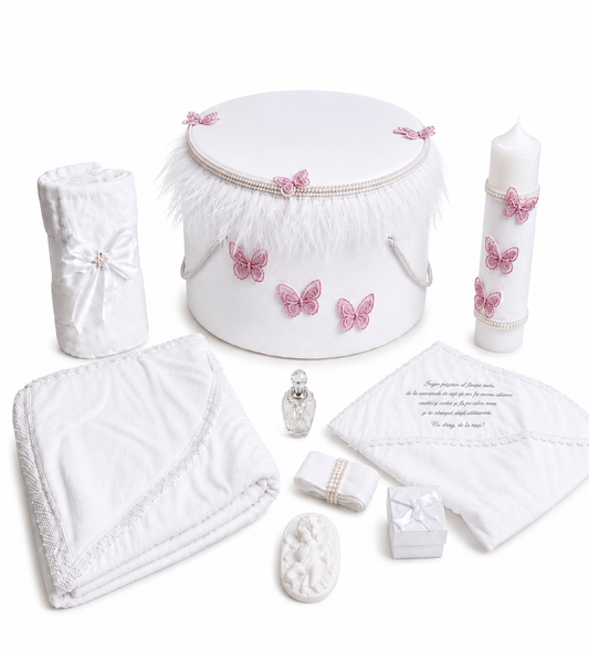 Set botez fetita Fluturași ( Trusou + Cutie+Lumânare)