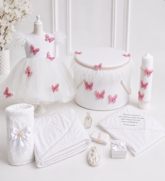 Set botez fetita fluturași ( Trusou+ Cufăr+ Lumânare+ Rochița)