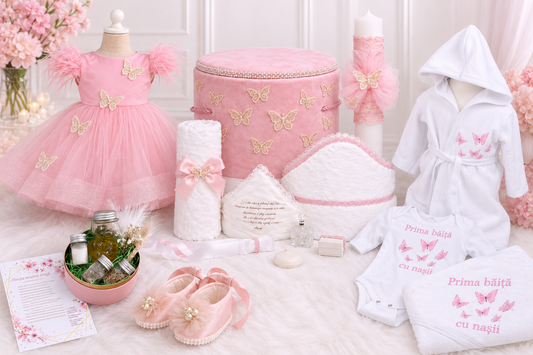 Set botez fetita roz fluturași  -( Cutie+ trusou+ Lumânare+ mirodenii de a 2 zi+ set a 2a zi)