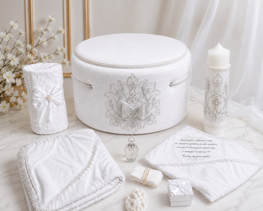 Set botez Trusou catifea alb cu detalii argintii
