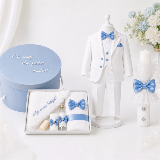 Set botez băiețel albastru( Costum +cutie + lumânare+ trusou)