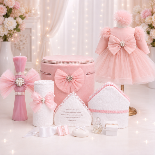 Set botez roz pudra cu funda tull -Trusou+ Cutie+ lumânare+ rochita