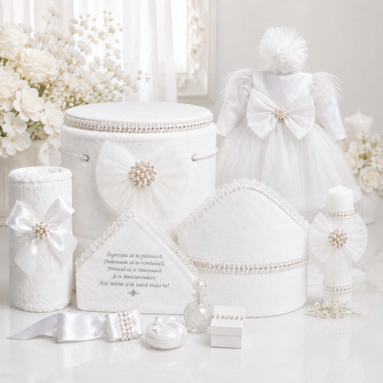 Set botez alb cu funda tull -Trusou+ Cutie+ lumânare+ rochița