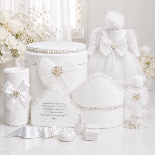 Set botez alb cu funda tull -Trusou+ Cutie+ lumânare+ rochița