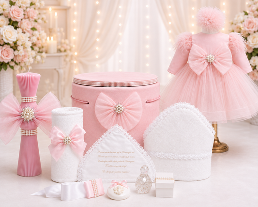 Set botez roz cu funda tull -Trusou+ Cutie+ lumânare+ rochita