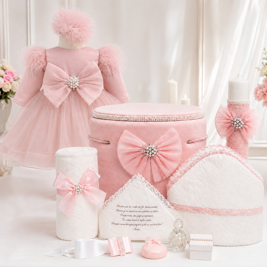 Set botez roz pudra cu funda tull -Trusou+ Cutie+ lumânare+ rochita