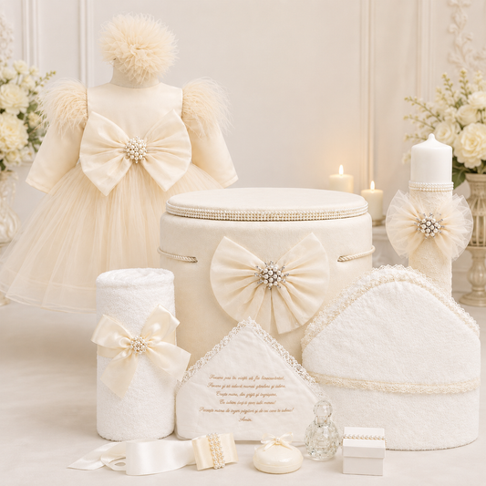 Set botez crem cu funda tull -Trusou+ Cutie+ lumânare+ rochita