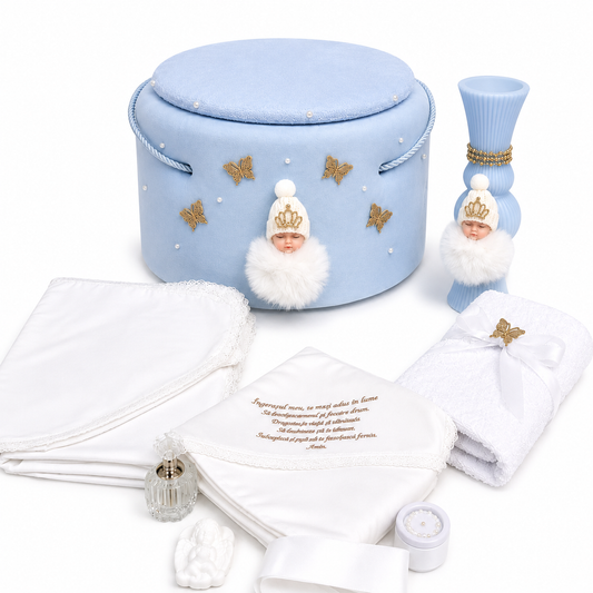 Set botez îngeraș albastru -Trusou catifea + lumânare