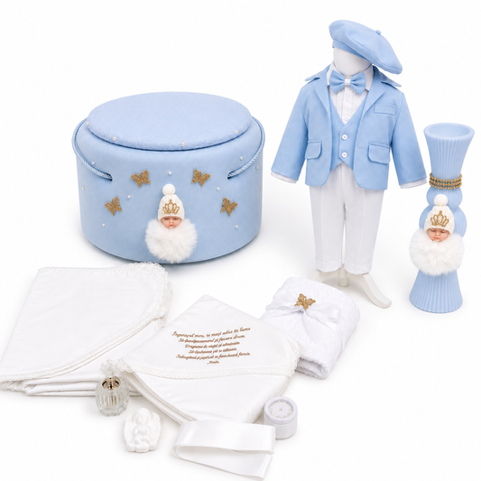 Set botez băiețel albastru îngeraș ( Costum, Trusou catifea ,Lumânare)