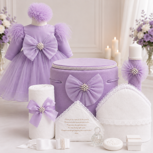 Set botez mov cu funda tull -Trusou+ Cutie+ lumânare+ rochita