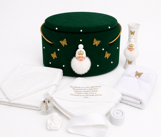 Set botez îngeraș verde -Trusou catifea + lumânare