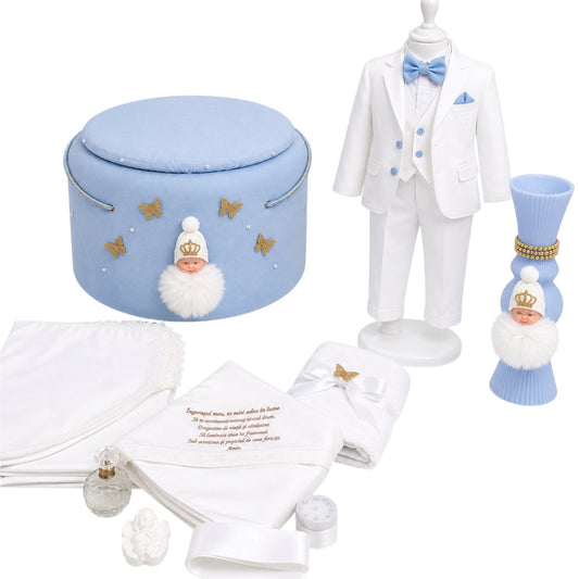 Set botez băiețel albastru îngeraș ( Costum, Trusou catifea ,Lumânare)