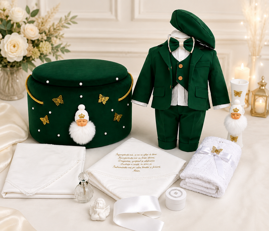 Set botez băiețel verde îngeraș ( Costum, Trusou catifea ,Lumânare)