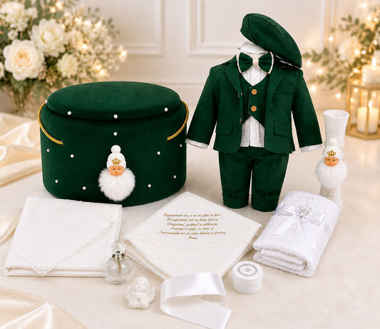 Set botez băiețel verde îngeraș ( Costum, Trusou catifea ,Lumânare)