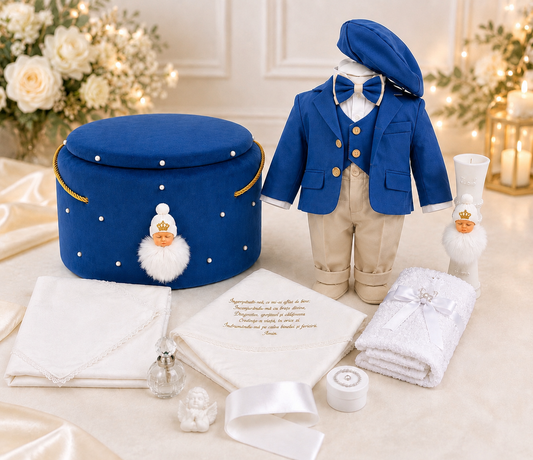 Set botez băiețel bleumarin îngeraș ( Costum, Trusou catifea ,Lumânare)