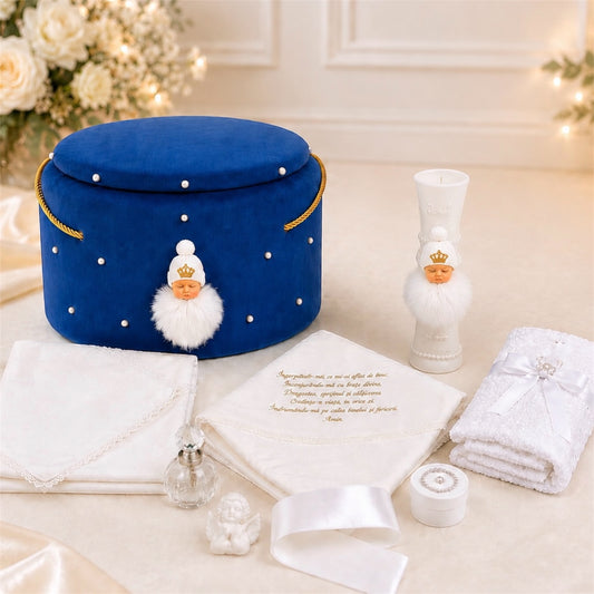 Set botez îngeraș bleumarin -Trusou catifea + lumânare
