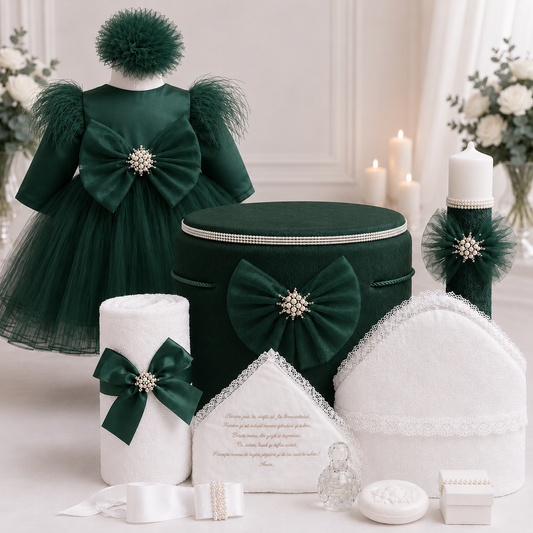 Set botez verde cu funda tull -Trusou+ Cutie+ lumânare+ rochita