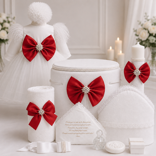 Set botez alb cu rosu funda tull -Trusou+ Cutie+ lumânare+ rochita