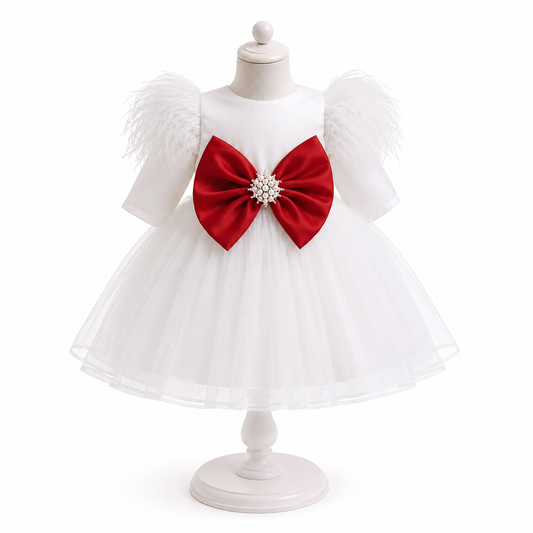 Rochie alba cu funda rosie