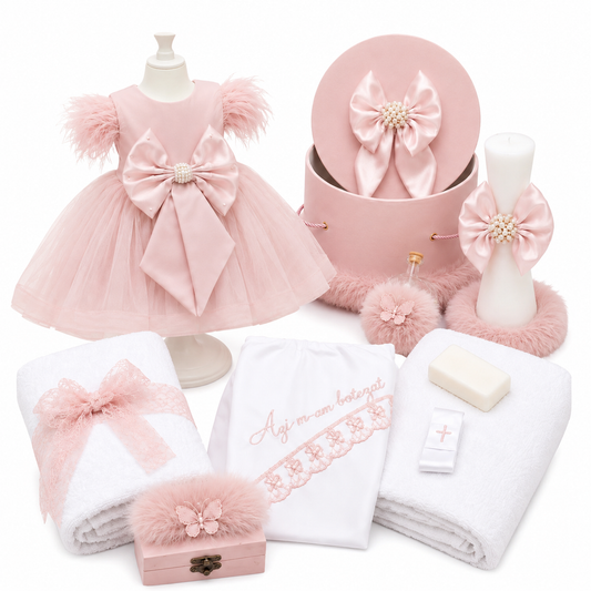 Set botez fetita roz pudra cu funda- Trusou+ lumânare+ rochita