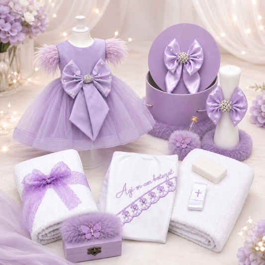 Set botez fetita mov cu funda Iris- Trusou+ lumânare+ rochita