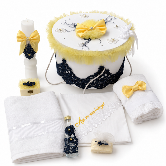 Set botez galben (trusou + cutie + lumânare)