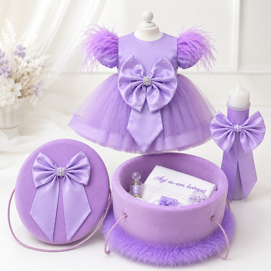 Set botez mov cu funda -Trusou+ Cutie+ lumânare+ rochita