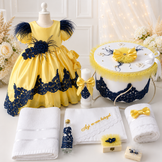 Set botez fetita galben cu bleumarin ( Trusou+ Cufăr+ Lumânare+ Rochița)