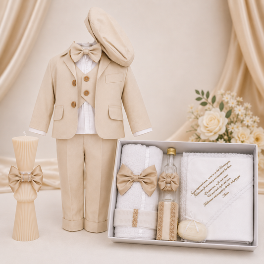 Set botez băiețel crem ( trusou + lumânare+ costum)