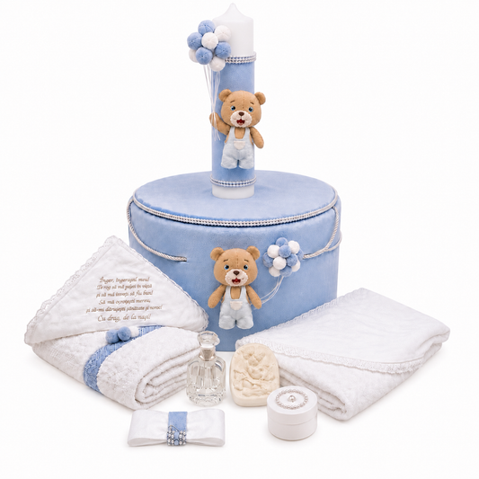Set botez ursuleț fetru baloane baby blue-Trusou catifea + lumânare