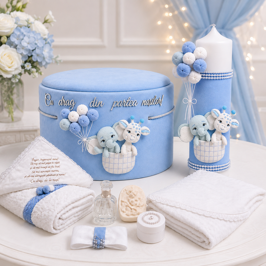 Set botez tematica Dior jungla  fetru baby blue-Trusou catifea + lumânare