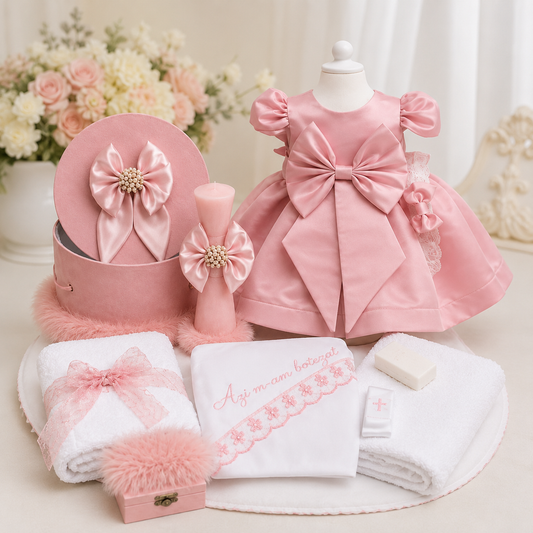 Set botez fetita roz pudra cu funda- Trusou+ lumânare+ rochita