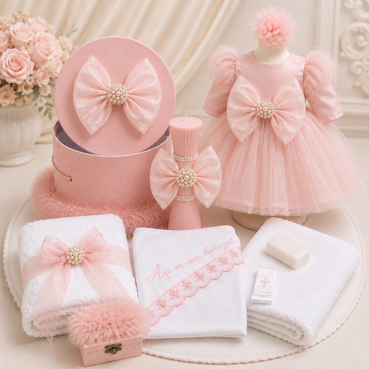 Set botez fetita roz pudra cu funda tulle-Trusou+ lumânare+ rochita